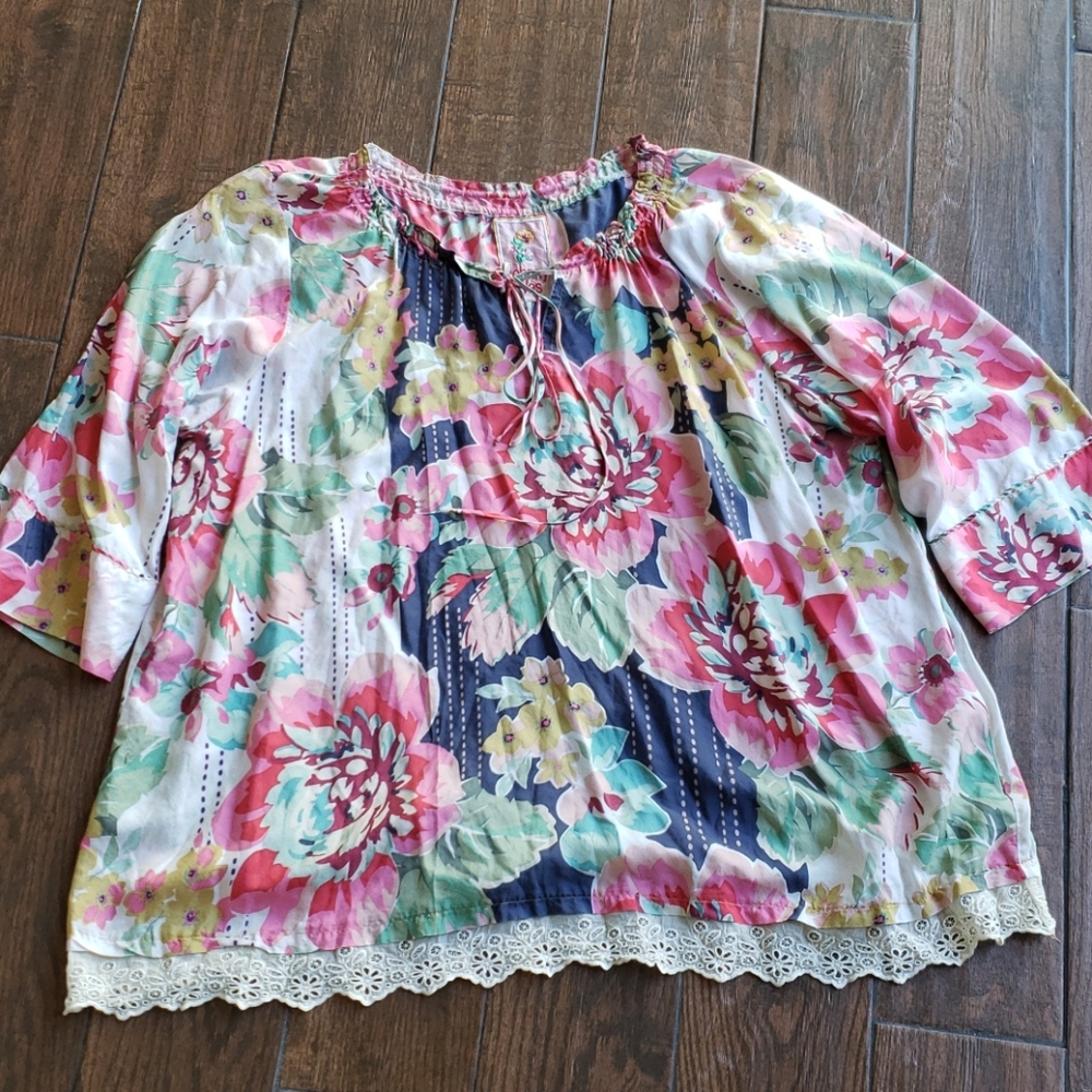 EUC Johnny Was Floral Peasant Blouse in Pink, Blue, Green, 3X